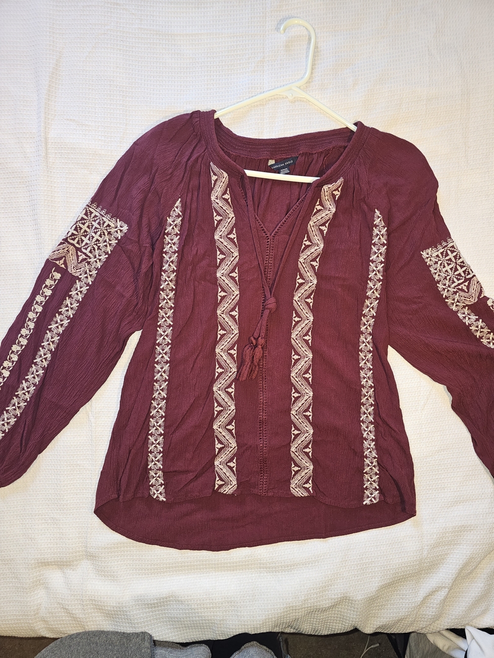 American Eagle Outfitters Burgundy Embroidered Tassel V-Neck Tunic - Picture 3 of 10